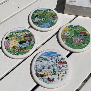 Vtg Four Seasons American Folk Art New England Ceramic Coasters 4pc Set